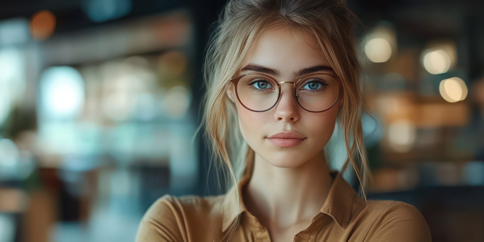 Young woman with glasses poses confidently in a cozy cafe surrounded by warm ambient lighting